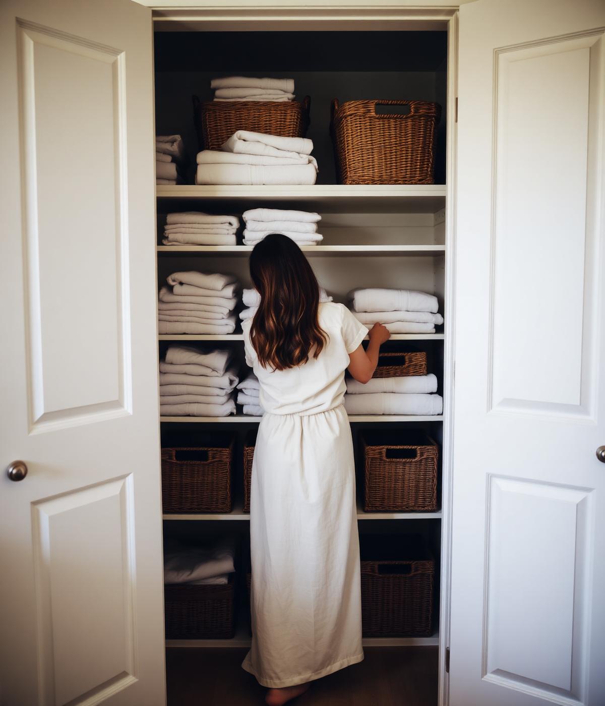 Woman folding linens into an organized closet